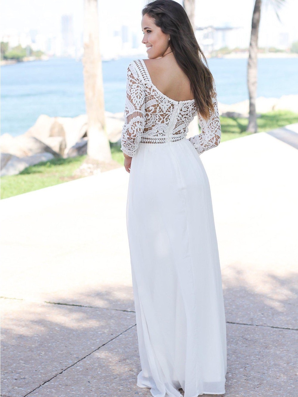 Ivory Lace Bodice Maxi Dress with Crochet Sleeves - Picture 3 of 6
